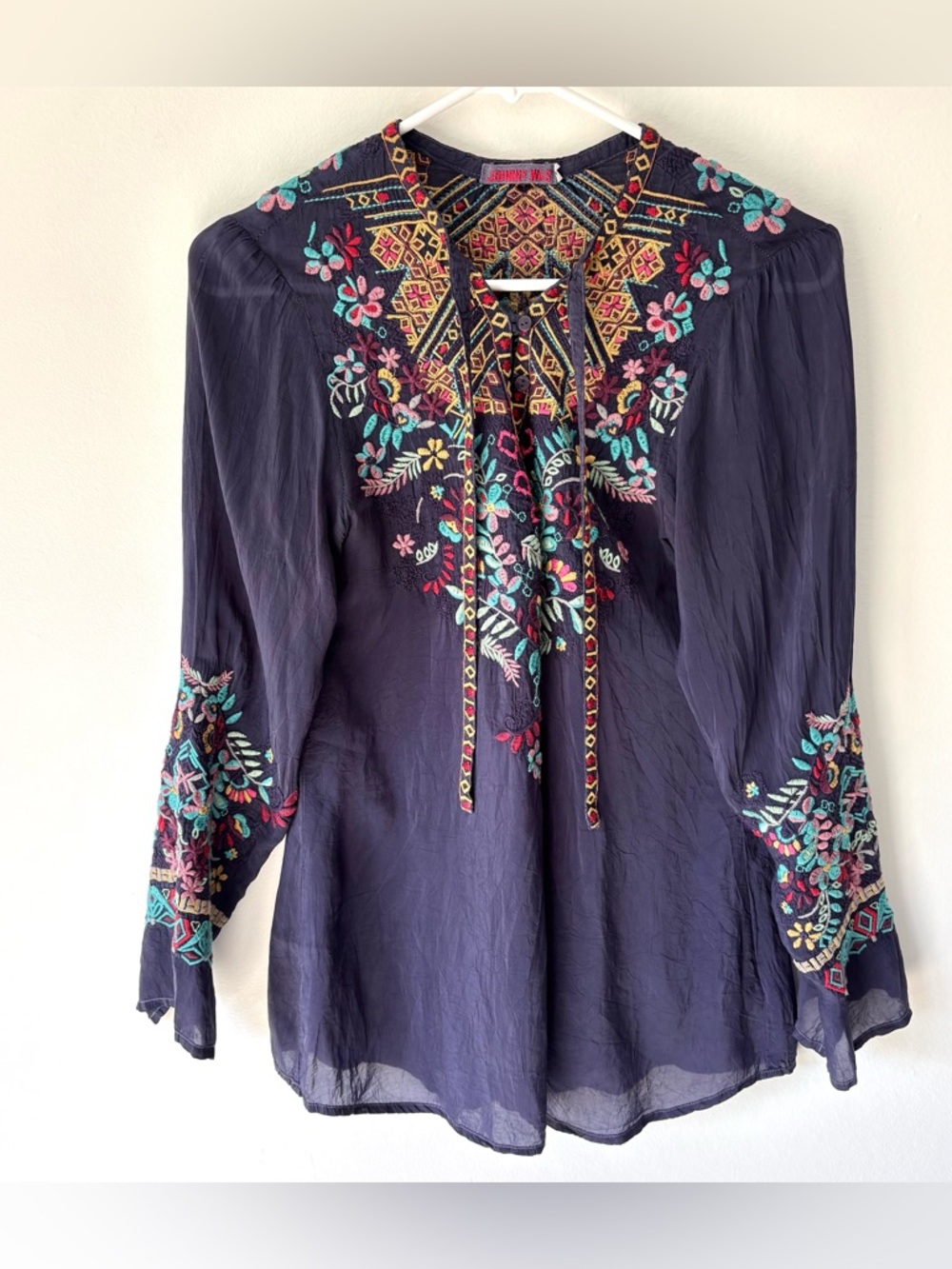 Johnny Was Sheesoh Embroidered Navy Blue Long Sleeve Sheer Tunic Top Boho Hippie